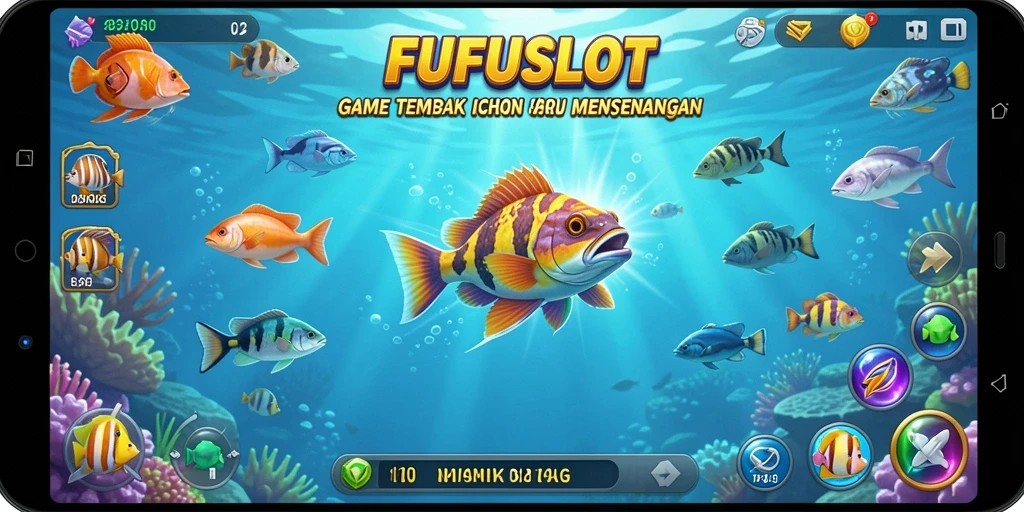 Tampilan gameplay FUFUSLOT dengan berbagai jenis ikan yang menunggu untuk ditangkap.