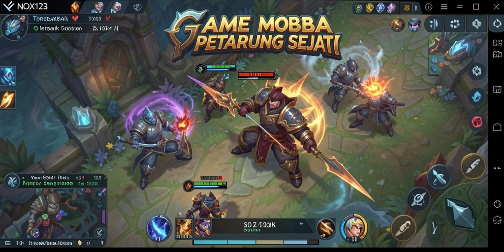 Screenshot gameplay NOX123 menampilkan pertempuran seru dalam game MOBA.